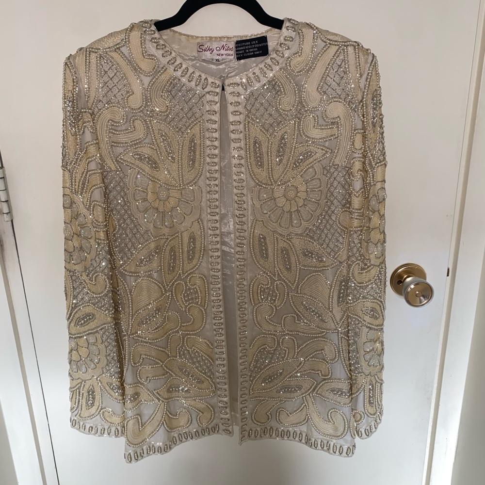 100% Silk Beaded Cream Evening Jacket Pearls and Glass Beads Bridal Cover
